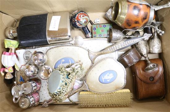 A hip flask, plated cruets, a cloisonne and coconut vessel on stand, etc